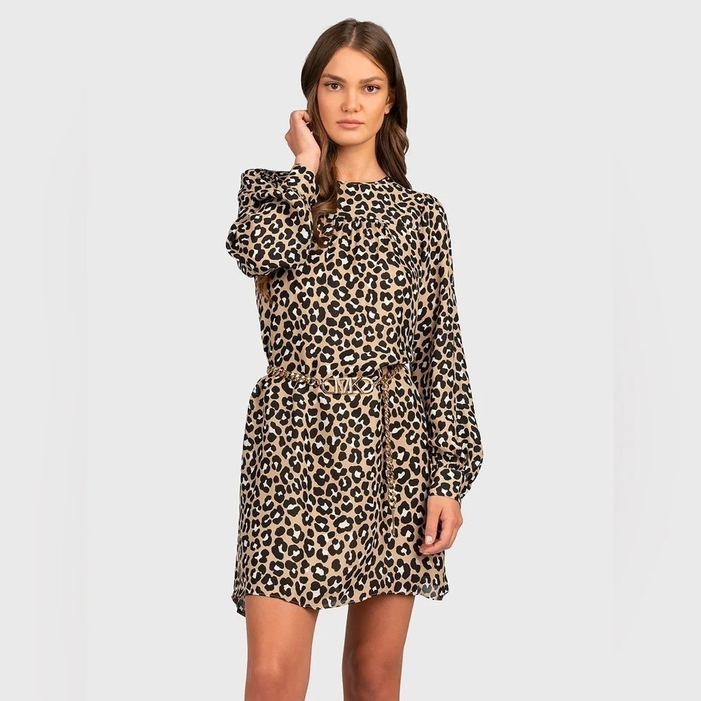 MICHAEL KORS LEOPARD PRINT MINIDRESS WITH MK BELT